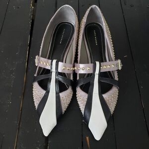 Zara Woman Pointed Toe Ballerina Flats Kitten Heel Grey White Black Gold Studs